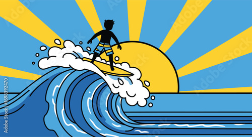 Silhouette of a surfer riding a large stylized ocean wave.