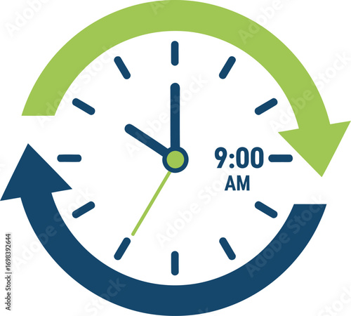 Stylized clock face icon showing nine in the morning with circular arrows.