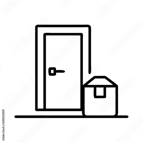 Delivery box left doorstep icon. Package parcel at entrance. Online shopping delivery service concept. Outline symbol vector illustration.