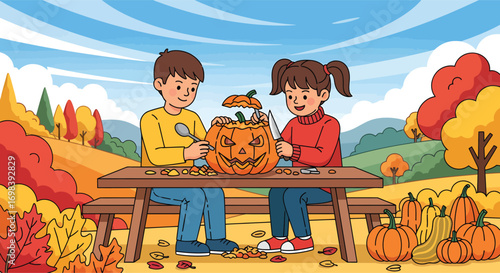Two Children Carving a Halloween Pumpkin Together Outdoors.