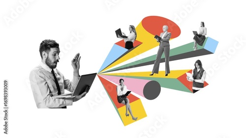 Stop motion animation of surprised man waving to colleagues on colorful channels in hybrid workspace. Concept of remote interaction, digital teamwork, soft-skills training, project coordination.