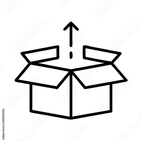 Open cardboard box with an upward arrow above it, depicting an unload or unbox concept. Delivery shipping and packaging theme. Vector icon for website, app, or UI design