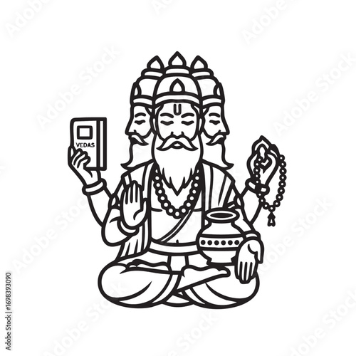 Vector Illustration of Hindu Deity with Multiple Heads in Minimalist Black Line Style for Religious and Cultural Design