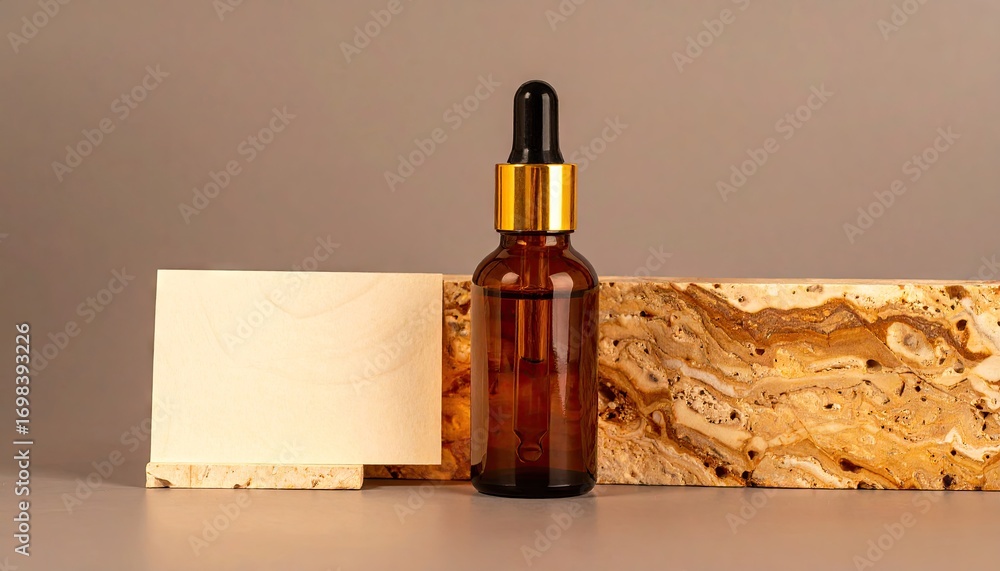 Naklejka premium Amber Glass Serum Dropper Bottle Mockup on Travertine