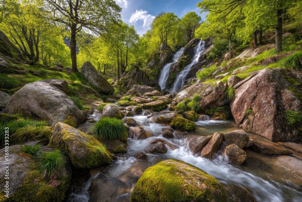 Fototapeta premium A vibrant forest scene with a cascading waterfall, mossy rocks, and lush green trees under a bright blue sky
