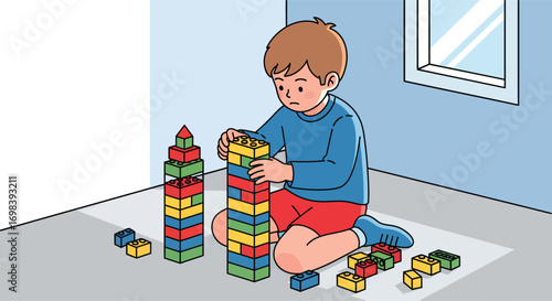 Young boy focused on building a tall colorful tower with blocks.