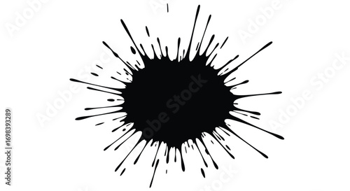 Black ink splatter, radiating outwards, high contrast, abstract art, graphic design element.