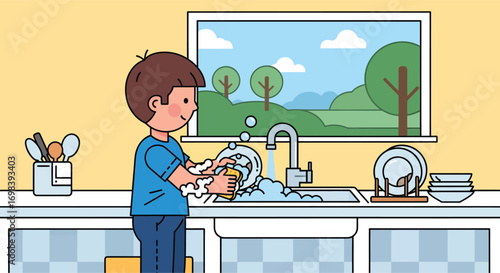 Young Boy Happily Washing Dishes in the Kitchen Sink.