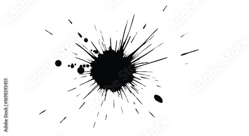 A black ink splatter with radiating lines and droplets against a white background.
