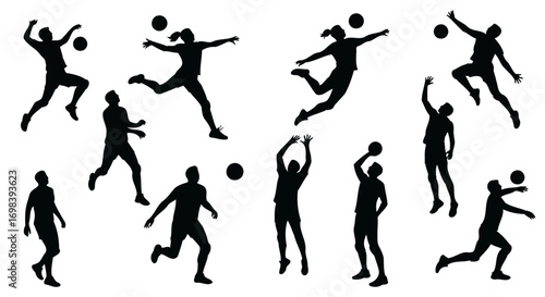 Volleyball Action Silhouettes Vector Set – Players Spiking, Serving & Jumping