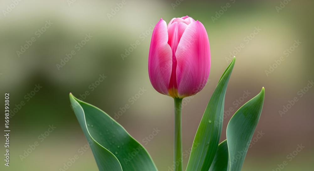 Naklejka premium Single Pink Tulip in Soft Focus — Elegant Spring Tulip Portrait with Gentle Bokeh Background for Botanical Prints, Greeting Cards and Garden Photography