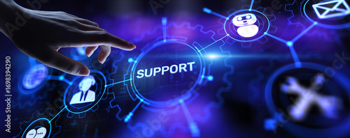 Support button on virtual screen. Customer service and communication concept.