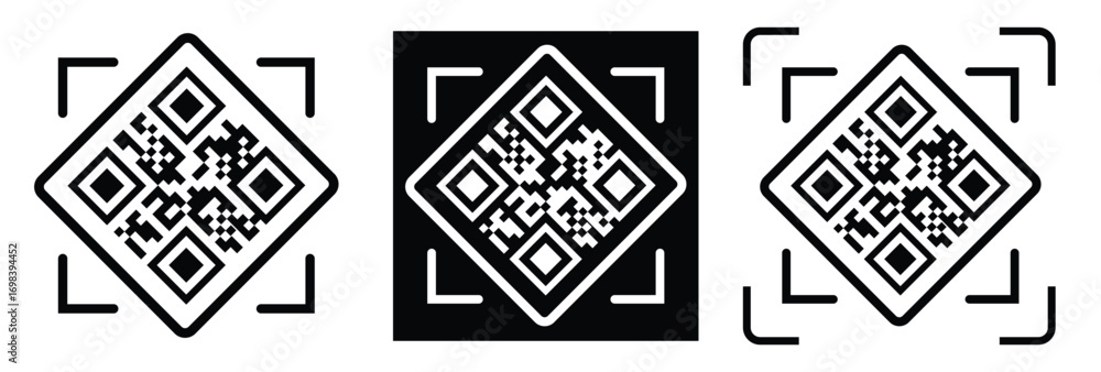 Fototapeta premium Minimalist QR code scanner icon set featuring three black and white variations with scan frames and mobile scanning concept. Clean flat vector symbols for apps, payment, barcode, technology, and UI de