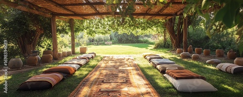 A serene Reiki workshop held under a natural canopy, promoting calmness and healing in a tranquil outdoor setting.