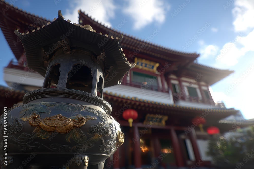 Fototapeta premium A traditional Asian temple with ornate architecture and a decorative lantern in the foreground, under a bright blue sky with scattered clouds