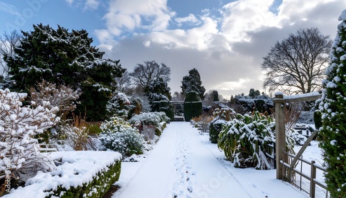 Snowy garden path under a partly cloudy sky
