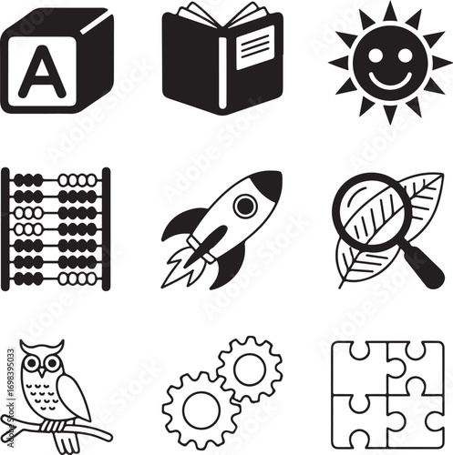 Nine detailed learning app icons for early childhood education learning apps preschool