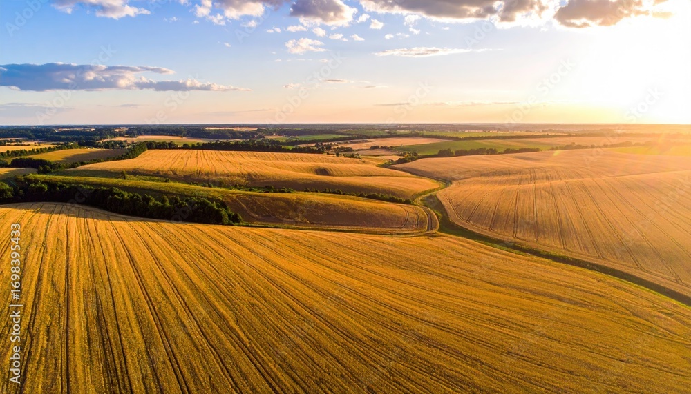Fototapeta premium Aerial View of Golden Wheat Field at Sunset