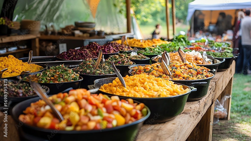 Fototapeta premium Join a vibrant plant-based cooking class at a festival tent, where creativity meets healthy eating and delicious flavors come alive.