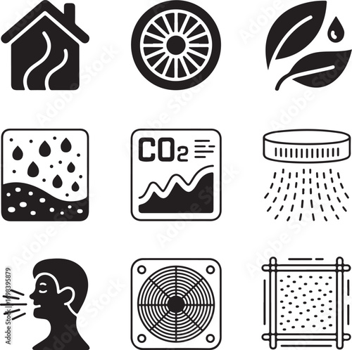 Set of nine icons representing indoor air quality monitoring devices sensor