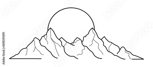 Mountain icon. Vector paint. Illustration sign. Rocky mountains silhouette. Sun. Web - image.