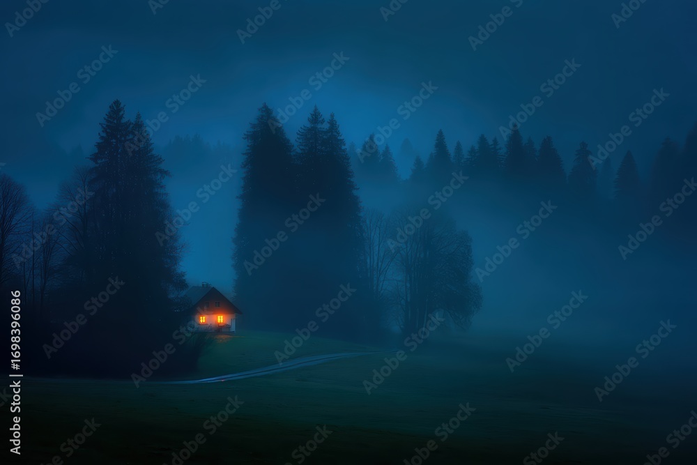 Fototapeta premium A cozy cabin with glowing windows stands alone in a misty, dark forest, surrounded by towering trees and illuminated by soft blue twilight