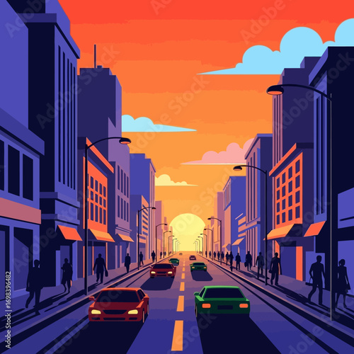 City street scene at sunset with cars and pedestrians.
