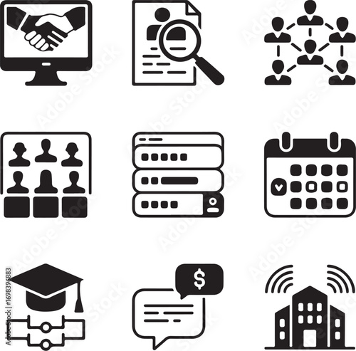 Nine diverse people interacting in a virtual job fair setting online recruitment career fair