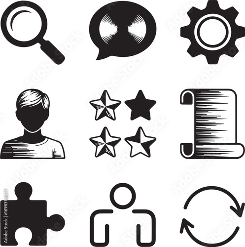 Nine detailed user experience icons on a white background collection