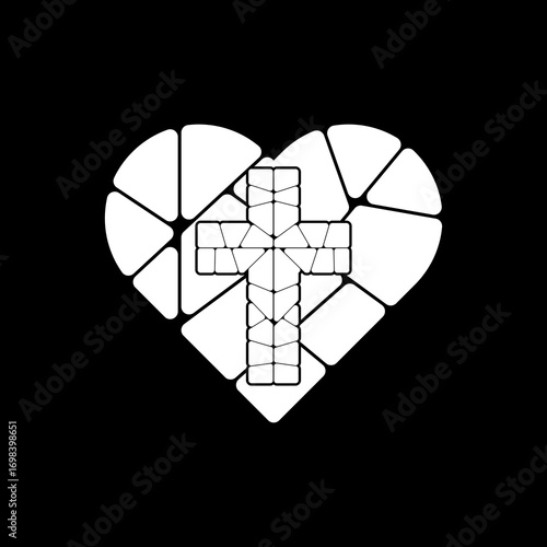 Abstract religious cross and heart icon isolated on black background
