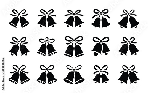 Vector art of set of christmas bells with bows collection of black silhouette for holiday decoration vector illustration of festive jingle bells for card