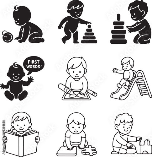 Nine Stages of Child Development Milestones Silhouette Icons growth learning