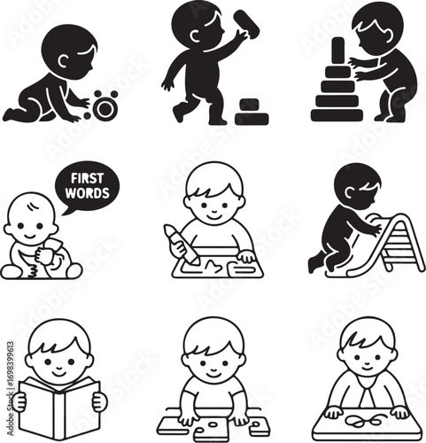 Child Development Stages Silhouette Set on White Background nine