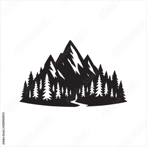Mountain and Pine Forest Silhouette Illustration for Nature and Adventure