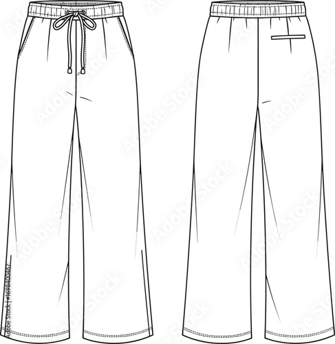 Vector fashion flat sketch illustration of women's relaxed fit wide-leg pants with elastic drawstring waist and side pockets.