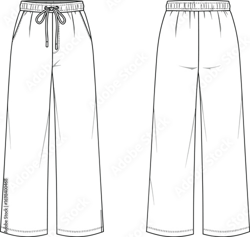 Vector fashion flat sketch illustration of women's relaxed fit wide-leg pants with elastic drawstring waist and side pockets.