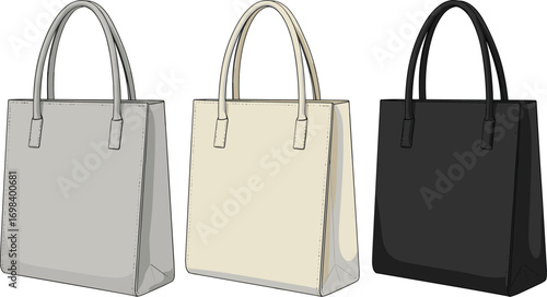 Vector illustration set of three minimalist rectangular tote bags in various neutral colors with clean lines.