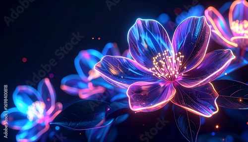Glowing neon flowers in a vibrant and surreal display on a deep black backdrop