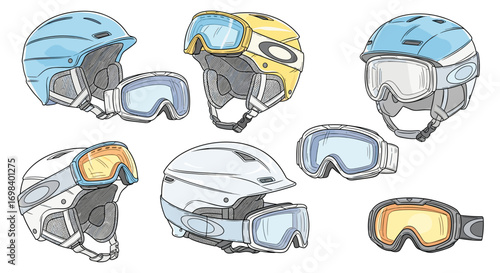 Set of ski and snowboard helmets with goggles in vector style