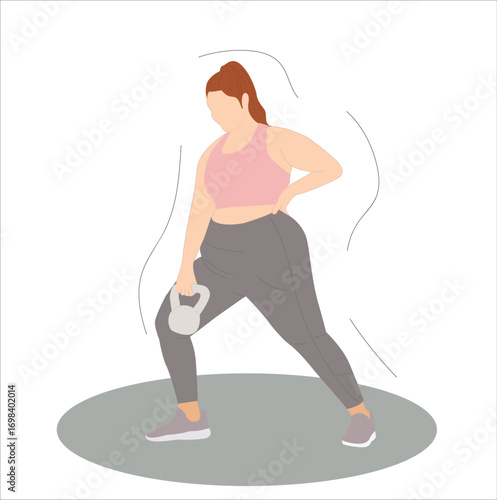 fat woman lifting kettlebell. Fat women work out with kettlebell