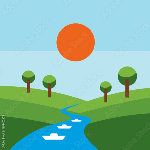 River flowing through green hills with boats and sun.