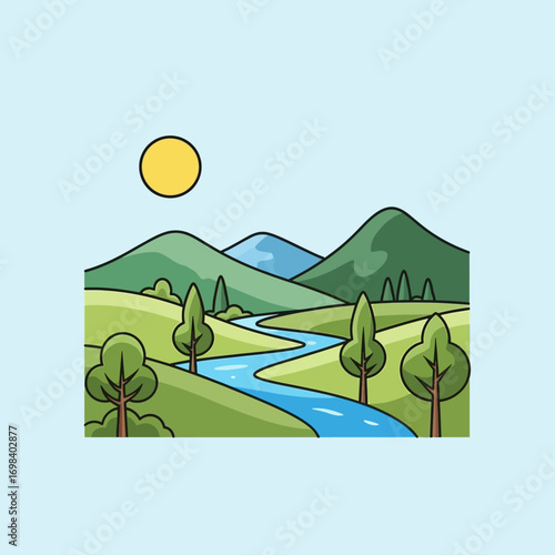 Serene River Valley Landscape with Lush Green Hills.