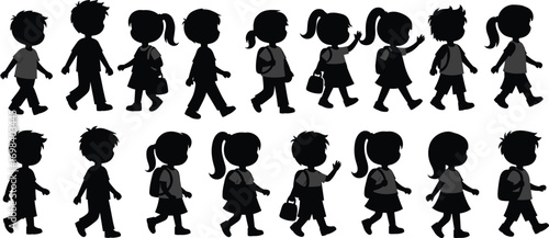 Children, walking, silhouette, school, backpacks, boys, girls, motion, side view, black, white, minimal, education, group, diversity, daily life, commute, students, uniform, hairstyle