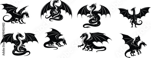 Dragon silhouette set, mythical creatures, fantasy illustration, flying dragon, standing dragon, black vector, fierce pose, horns, wings, tail, claws