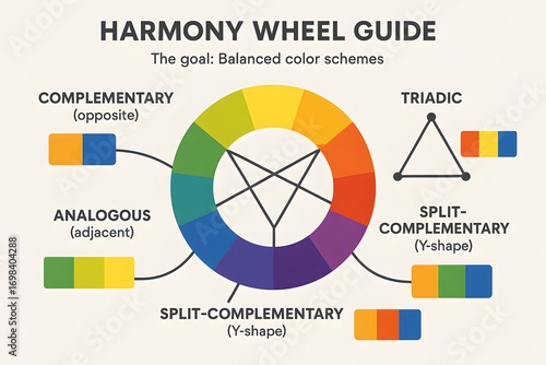 Color Harmony Wheel with Complementary and Analogous Schemes for Design