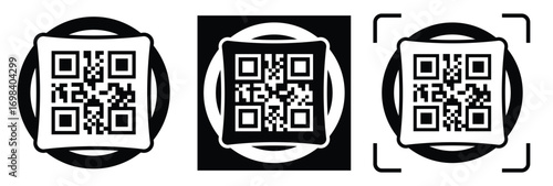High-contrast black and white QR code with grid squares, centered in frame. Simple thin black border. Clean digital design, technical style, suitable for scanning or template use.