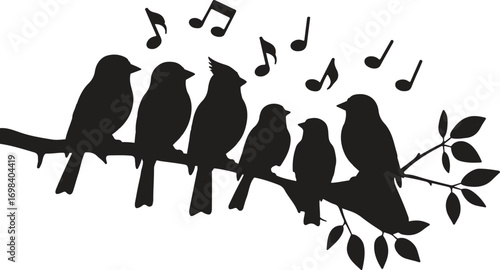 Birds singing on a branch with musical notes above