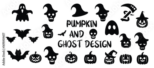 Pumpkin and ghost icons black silhouettes. Black bird and ghost Vector icon set.
