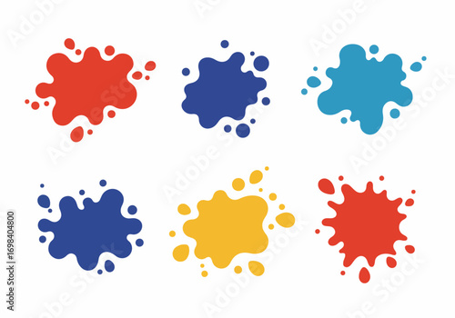 Vibrant set of colorful paint splatters, abstract liquid splashes and drops in red, blue, and yellow, on a clean white background.