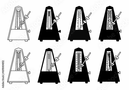 Black and white metronome icon set for music rhythm and tempo, featuring outline and silhouette styles for practice, timing, and musical education.